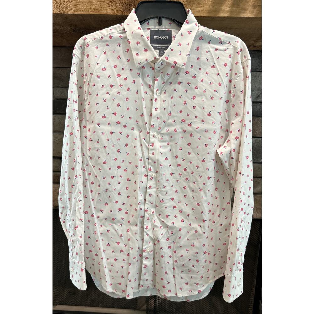 Men’s BONOBOS White Floral Tailored Slim Fit Shirt Size L Short *D3